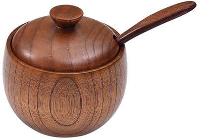 Houten Kruidenpot met Deksel & Lepel – Duurzame Zout- en Specerijenhouder van Natuurlijke Jujubehout – Rond Design, Stijlvol Keukenaccessoire