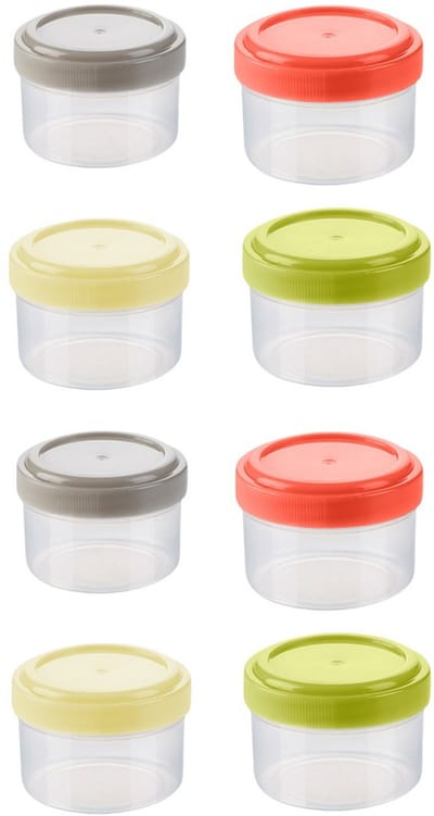 Mini-opbergdoosjes met deksel – 8-delige set mini-kruidenpotjes – sauspotjes – herbruikbare potjes met deksel – plastic mini-opbergdoosjes met deksel – stapelbare, lekvrije plastic bakjes met deksel – geschikt voor barbecues en kamperen (4 kleuren)