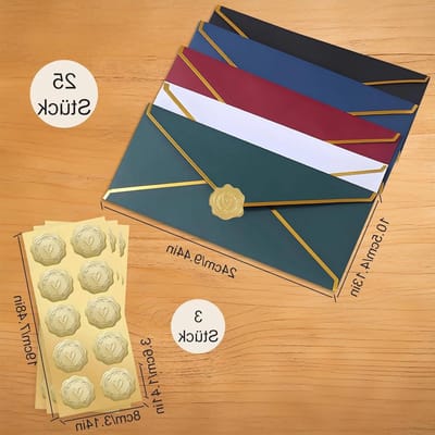 Kleurrijke luxe uitnodigingsenveloppen met V-klep en gouden rand, 25 stuks voor bruiloften, feesten en evenementen, 10,5 x 24 cm