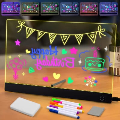 LED Acryl Bord 30 x 20 cm voor Tekeningen - Inclusief 7 Viltstiften voor Kinderen, Kantoor en Feestdecoratie