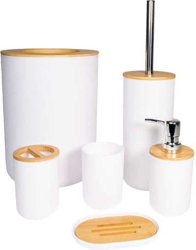 Intirilife badkameraccessoireset van bamboe en kunststof in wit - 6-delige set tandenborstel tuimelaar zeepbakje zeepdispenser toiletborstel met houder en afvalbakje