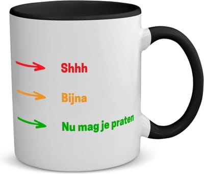Akyol - shhh, bijna, nu mag je praten koffiemok - theemok - zwart - Quotes - mensen die houden van quotes - grappige tekst - quotes - verjaardag - cadeau - kado - geschenk - 350 ML inhoud