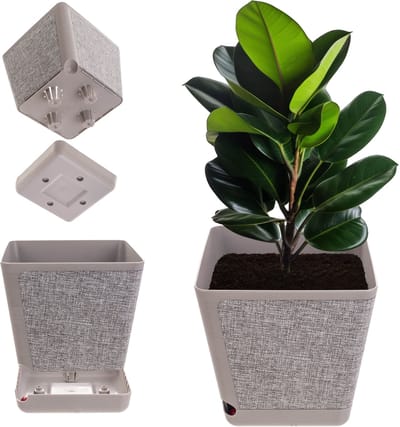 KADAX Decoratieve bloempot van kunststof, rechthoekige plantenpot met irrigatiesysteem, bloempot met zelfbewatering en waterreservoir, bruin gemêleerd, 30 cm