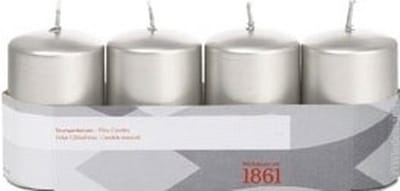 Trend Candles Cilinderkaarsen/stompkaarsen - set 4x - zilver - 5 x 8 cm - 18 branduren