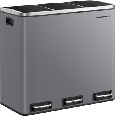SONGMICS Prullenbak – Prullenbak 54 Liter – 3 vakken (3x18 Liter) – Vuilnisbak 54 Liter - Pedaalemmer 54 Liter – Grijze Prullenbak Afvalscheiding – Afvalemmer – Afvalbak Keuken – Matgrijs (+ Gratis 15 Afvalzakken)