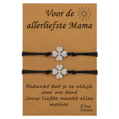 Moeder Kind Armbandjes voor 2 "Voor de Allerliefste Mama" - Klavertje Vier - Vriendschapsarmbandjes met Persoonlijk Cadeau Kaartje - Zilverkleurig - Elastisch Verstelbaar - Pax Amare