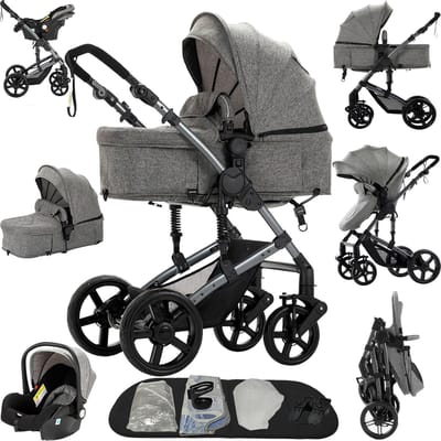 Trio kinderwagen - 3-in-1 kinderwagen babywagen - Baby vervoeren - Dubbele duwopties - 82 x 61 x 105 cm - Grijs