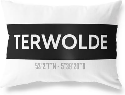 Tuinkussen TERWOLDE - GELDERLAND met coördinaten - Buitenkussen - Bootkussen - Weerbestendig - Jouw Plaats - Studio216 - Modern - Zwart-Wit - 50x30cm