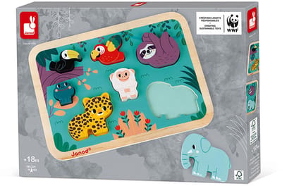 Janod WWF - Chunky Puzzel Jungle - In samenwerking met WWF® - De 7 Grote, Diervormige Stukjes Moedigen Je Kind Aan Om Leuke Verhalen Te Verzinnen - Geschikt Vanaf 18 Maanden