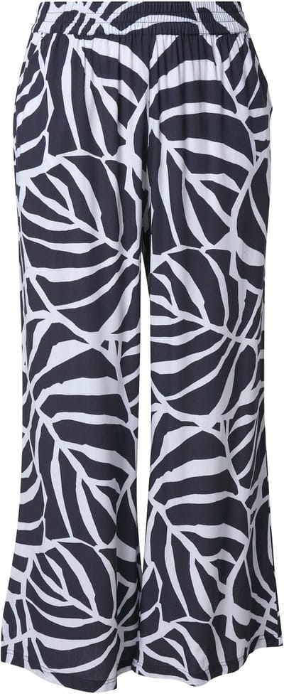 Ulla Popken - Dames - Broek bladeren wijde rechte pijpen elastische tailleband - Marine - Maat 42+