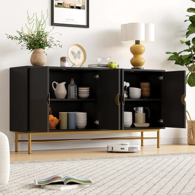 MODFU Dressoir - 4 Deuren Met Reliëf En Softclose - Modern - Voor Woonkamer - MDF En Spaanplaat - Zwart - 160 x 40 x 82 cm
