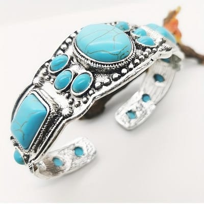 Bracelet Manchette Bohème Vintage pour Femme avec Faux Turquoise Ouverture Bracelet Réglable Accessoires de Fête blue