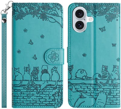 BookCover Hoes Etui geschikt voor Apple iPhone 17 - Turquoise - Katten op muurtje - Reliëf