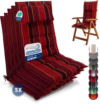 Beautissu Sun-HL - Set van 5 Premium Hoge Rugleuning Kussen met Hoofdkussen 120x50 cm – UV-bestendig & 8cm Dik Kussen Tuinstoelkussen Antislip Bevestigingsbanden – Stevige Stof Rood gestreept