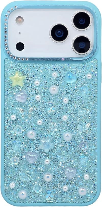 Bling Sparkly Diamanten Hoesje voor iPhone 16, Schitterende Crystal Parels, Super Schattig en Beschermend Accessoire voor 6.1 inch Telefoon - Teal