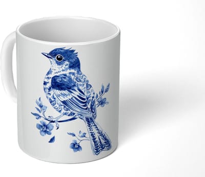 Mok - Koffiemok - Vogel - Delfts blauw - Illustratie - Bloemen - Mokken - 350 ML - Beker - Koffiemokken - Theemok