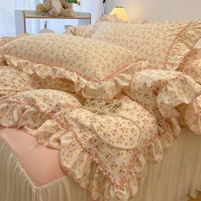 2/3-delige Koreaanse Prinsessenstijl Bloemen Ruches Beddengoed Set Eenpersoons Queen Size Zacht Huidvriendelijk Gewassen Katoen Dekbedovertrek Kussensloop 150x200cm 2pcs