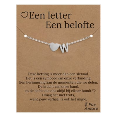 Letter W Armband op Cadeau Kaartje - Een letter, een belofte - 15,5cm + 5,5cm verstelbaar Zilverkleurig Stainless Steel - Initiaal & Hartje Hanger - Pax Amare
