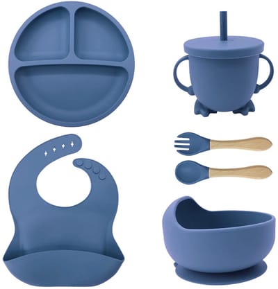 Baby Silicone Feeding Set- 6 pcs - blue/blauw- Kinderservies - Baby servies - Baby eetset