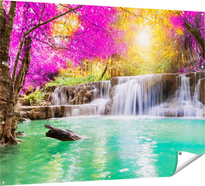 Gards Tuinposter Waterval met Groen Water en Roze Bladeren - 160x120 cm - Tuindoek - Tuindecoratie - Wanddecoratie buiten - Tuinschilderij