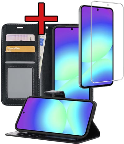 Hoesje - Met Screenprotector - Geschikt voor Samsung Galaxy A56 - Luxe Pasjeshouder - Flipcase - Bookcase Portemonee - Flip Case - Kunstleer Book Case - Book Cover - Walletcase - Portemonneehoes - Telefoonhoes - Zwart