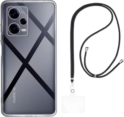 Set met hoesje en nekband voor xiaomi redmi note 12 pro 5g / poco x5 pro 5g - Flexibele, transparante TPU-bescherming, verstelbare universele nekband voor mobiele telefoons, zwarte nekband, transparante draagriem van Phonillico®
