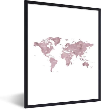 Poster in lijst - Fotolijst 60x80 cm - Posters - Wereldkaart - Marmer - Roze - Posterlijst zwart - Decoratie - Wanddecoratie woonkamer - Muurdecoratie slaapkamer