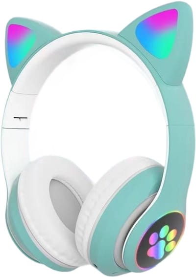 longziming Draadloze Kinder Koptelefoon – Cat Headphones met LED Oortjes – Bluetooth Hoofdtelefoon– Bluetooth 5.0 – Licht Groen – Met Verlichting – Opvouwbare opbergruimte – Groen en wit