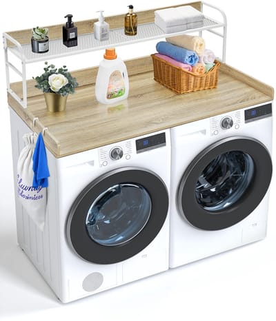 Werkblad voor Wasmachine En Droger met 2-Traps Plank, 137,2 X 68,6 cm Houten Werkblad voor Wasmachine En Droger met Antislipkussentjes, Waterafstotende Wastafel voor EfficiëNt