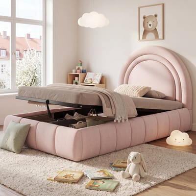 Welltin Kinderbed 90x200 cm - Peuterbed - Eenpersoonsbed - Gestoffeerd bed - Gestoffeerd hoofdbord - Met bedframe - Hydraulische opslagruimte - Roze