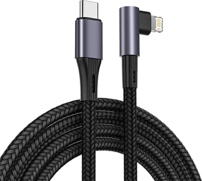 DrPhone UNL4 USB-C naar Lightning 9V/3A Snelle Oplaadkabel – PD 20W – Nylon gevlochten – 90 Graden - Data Sync - 1 Meter – Grijs