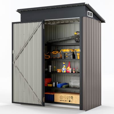 COSTWAY metalen tuinhuis, gereedschapsschuur met lessenaarsdak en deur, lichtgrijs
