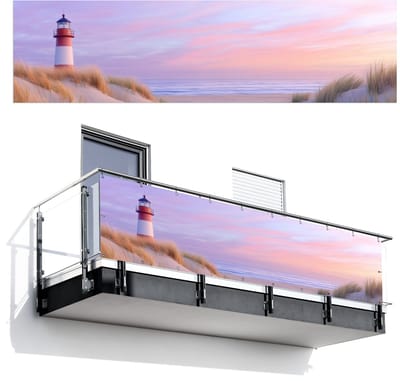 Balkonscherm 300x80 cm - Balkonposter Vuurtoren - Duinen - Zonsondergang - Balkon scherm decoratie - Balkonschermen - Balkondoek zonnescherm