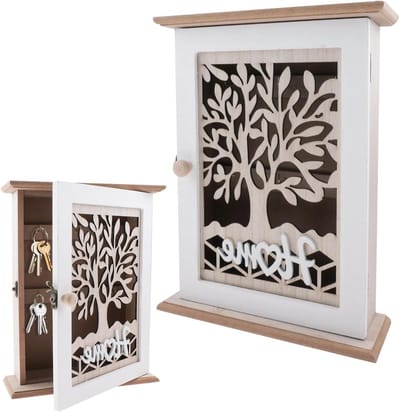 Vintage Sleutelhanger - Wandmontage Sleutelkast met 6 Haakjes en Slot voor Entree, Hal en Kantoor, Wit met Levensboom Patroon