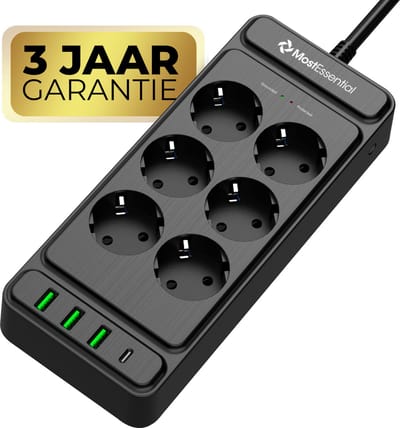 MostEssential Premium 10-Voudige Stekkerdoos - Stekkerdoos met Schakelaar - Verlengsnoer - Stekkerdoos met USB - USB-C 20W Snellader - Overspanningsbeveiliging - Antislip - Zwart