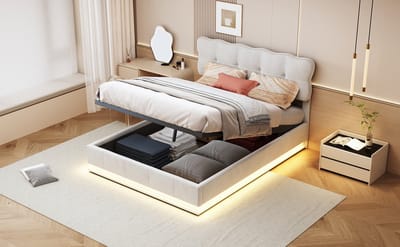 Opbergbed 140x200 cm beige fluweel met LED-bodemverlichting en hydraulische opbergruimte, gestoffeerd tweepersoonsbed