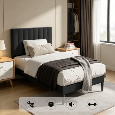 KUTAS Gestoffeerd bed 90x200 CM - Eenpersoonsbed - Heavy Duty Metalen Bedframe - Met Verstelbaar Gestoffeerd Hoofdbord Zwart - Met Opbergruimte en Lattenbodem - Eenvoudige Montage