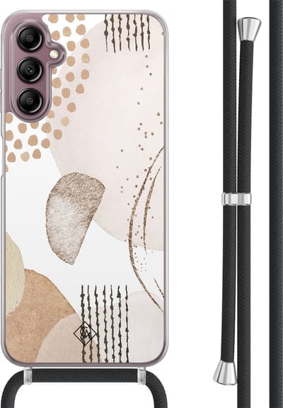 Casimoda® hoesje met koord - Geschikt voor Samsung A14 - Abstract Shapes - Afneembaar koord - TPU/acryl - Bruin/beige