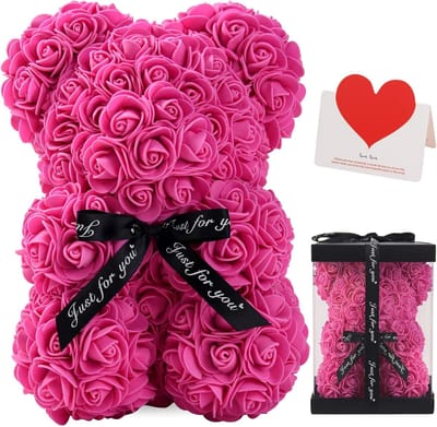 KZQ Rozenbeer - Een levensechte rozenbeer van 25 cm, het perfecte cadeau voor een bruiloft, Moederdag of jubileum, geleverd in een transparante geschenkdoos (roze).