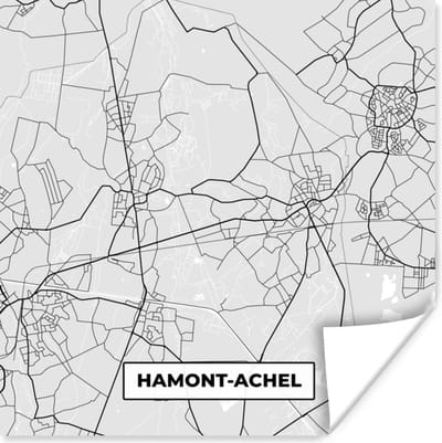 Poster Kaart – Plattegrond – Stadskaart – Hamont Achel – België – Zwart Wit - 100x100 cm XXL