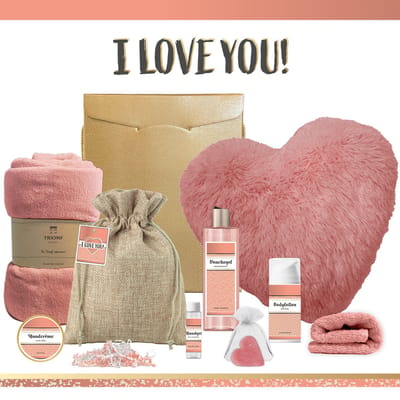 Geschenkset “I love you!” - 9 producten - 1470 gram | Giftset voor haar - Luxe wellness cadeaubox - Cadeau vrouw - Verjaardag - Set Valentijnsdag - Geschenk Ik hou van jou - Cadeaupakket - Speciaal voor jou Gift Valentijn - Vriendin Moeder Roze