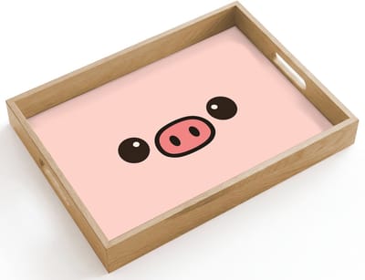Dienblad hout 40x30 cm - Schootdienblad - Varken - Roze - Minimalistisch - Borrelplank rechthoek - Plateau dienbladen