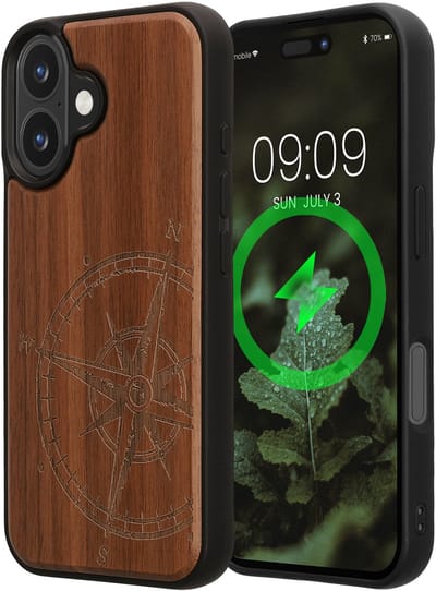 kwmobile Echt Houten Beschermhoes voor Apple iPhone 16 – Hout & TPU Cover – hout Vintage Kompas design