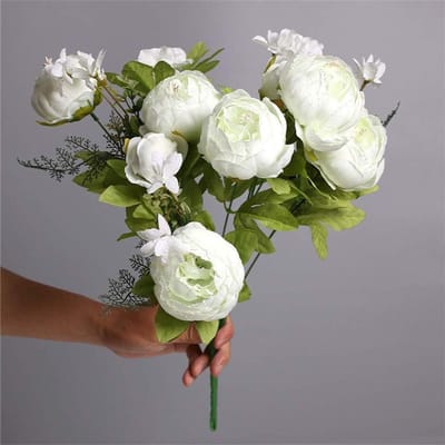 Kunstbloemen Boeket - Nepbloemen Decoratie - Huis Versieren - Realistische Look - 47cm Hoog - Wit Groen