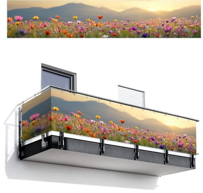 Balkonscherm 500x100 cm - Balkonposter Bloemenveld - Bergen - Zonlicht - Bloemen - Balkon scherm decoratie - Balkonschermen - Balkondoek zonnescherm
