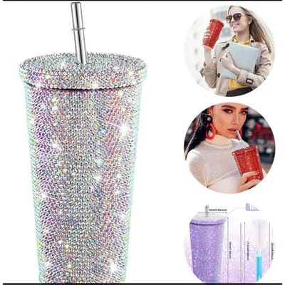 Bouteille thermos diamantée de 500 ml avec couvercle et paille, thermos à double couche en acier inoxydable et strass, bouteille d'eau à paillettes 500ml gray