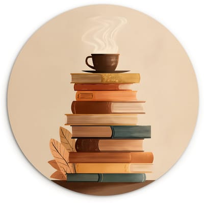 WallCircle® Wandcirkel 120x120 cm - Muurcirkel Boeken - Toren - Koffie - Beige - Muurdecoratie woonkamer - Wanddecoratie slaapkamer - Kamer decoratie accessoires - Ronde schilderijen XXL
