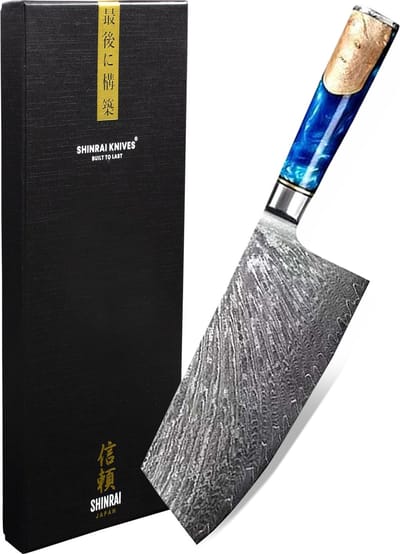 Shinrai Knives - Hakmes 19 cm - Koksmes - Damascus Mes Epoxy Sapphire - Met Luxe Geschenkdoos - Koksmes - Keukenmes - Japans Hakmes
