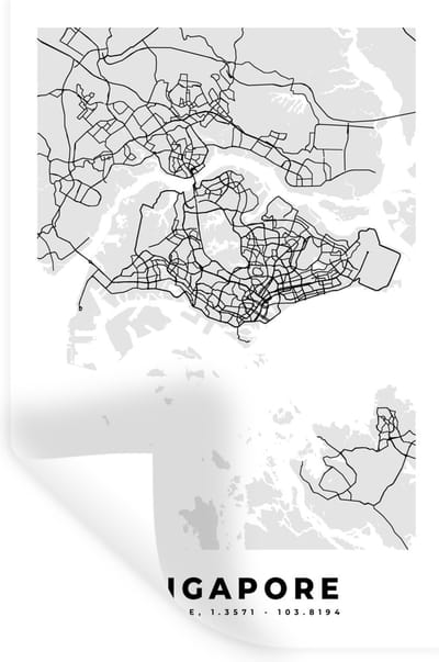 Muurstickers - Sticker Folie - Singapore - Plattegrond - Stadskaart - Zwart Wit - Kaart - 20x30 cm - Plakfolie - Muurstickers Kinderkamer - Zelfklevend Behang - Zelfklevend behangpapier - Stickerfolie