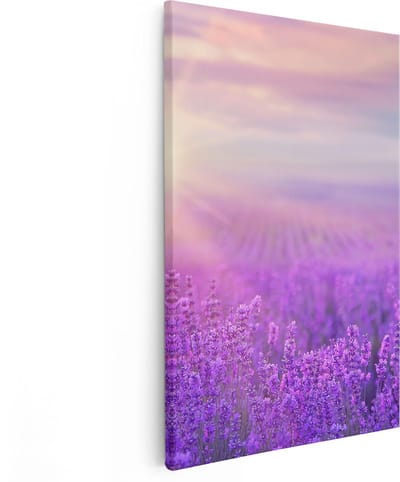 Artaza Canvas Schilderij Lavendelveld - 80x120 cm - Groot - Wanddecoratie Bloemen - Muurdecoratie Zonsondergang - Decoratie Paars